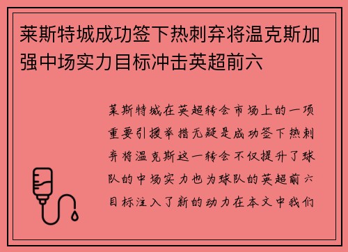 莱斯特城成功签下热刺弃将温克斯加强中场实力目标冲击英超前六